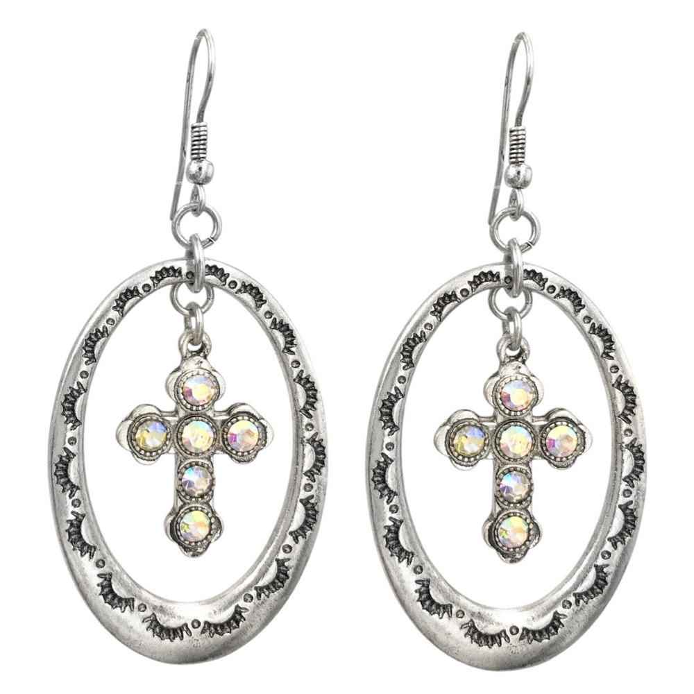 Silver Tone Blue Dot Christian Cross Western Style AB Rhinestone Dangle Earrings